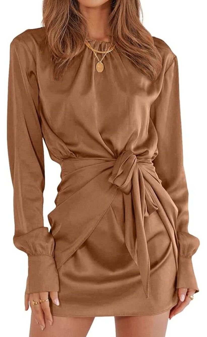 PRETTYGARDEN Womens Satin Dress Long Sleeve Tie Waist Cocktail Mini Dress XL